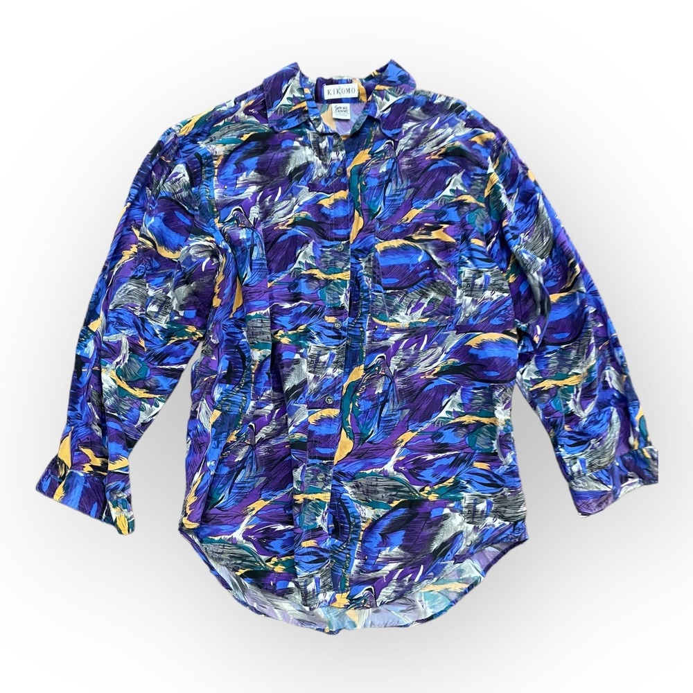 Kikomo Vintage Silk Hawaiian Tropical Print Button up Blouse Size S